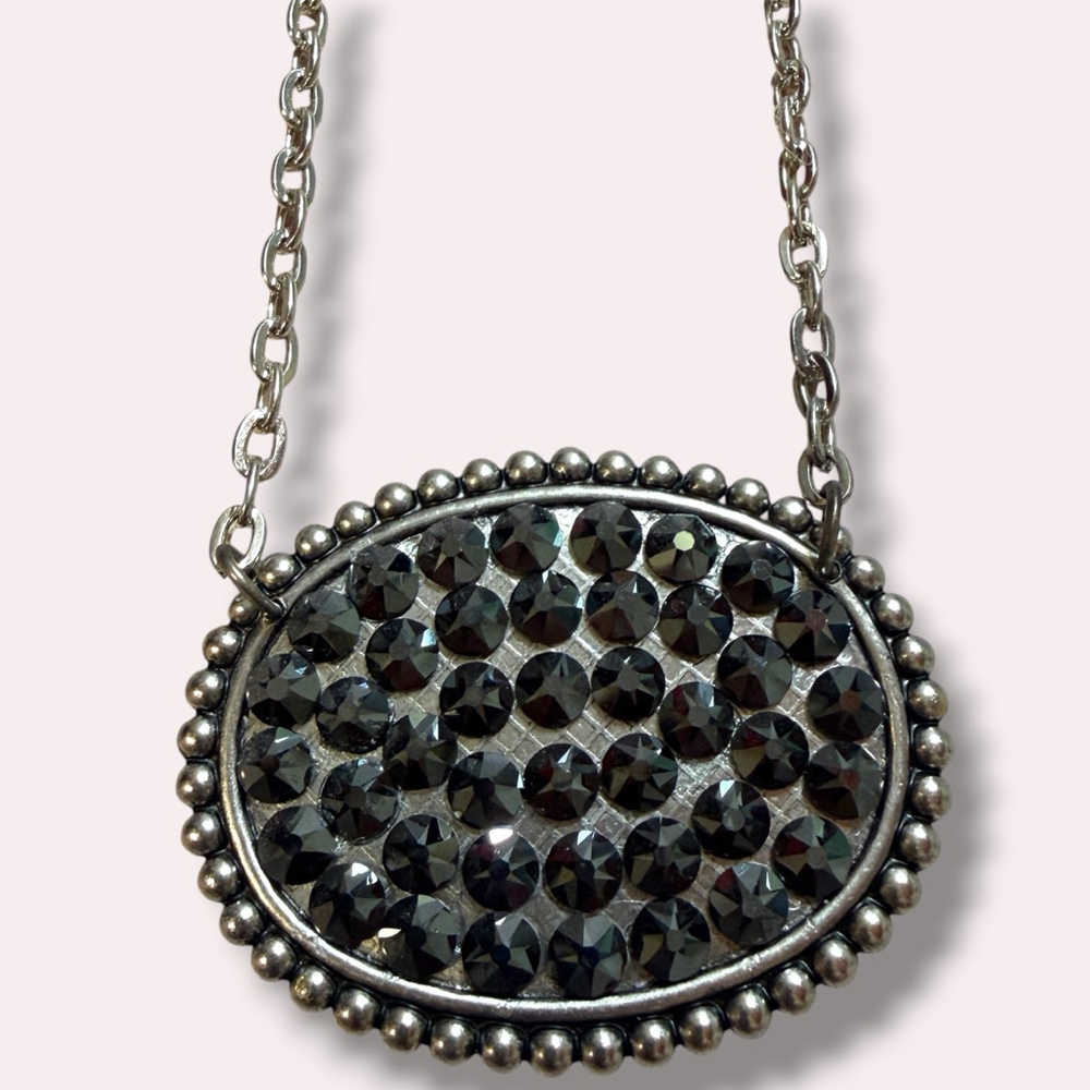 Pink Panache Necklace NWT Gunmetal Oval Black Rhinestone Pendant Western Boho Ad